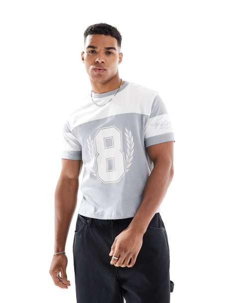 ASOS DESIGN cropped standard fit t-shirt with athletic graphic and paneling in gray - view 1