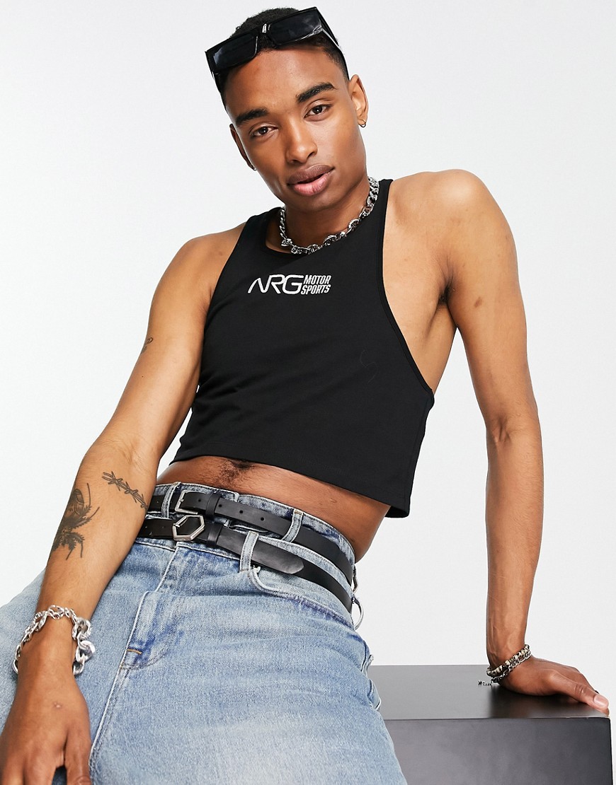 ASOS DESIGN cropped strappy tank top in black with text print