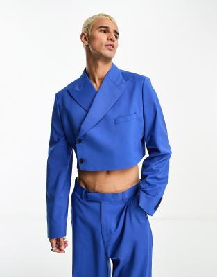 Asos Design Cropped Suit Jacket In Cobalt Blue