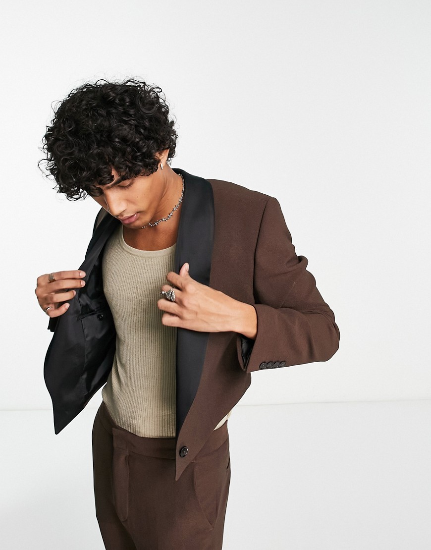 ASOS DESIGN cropped suit jacket with contrast satin lapel in brown