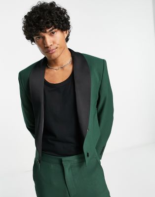 ASOS DESIGN cropped suit jacket with contrast satin lapel in green | ASOS