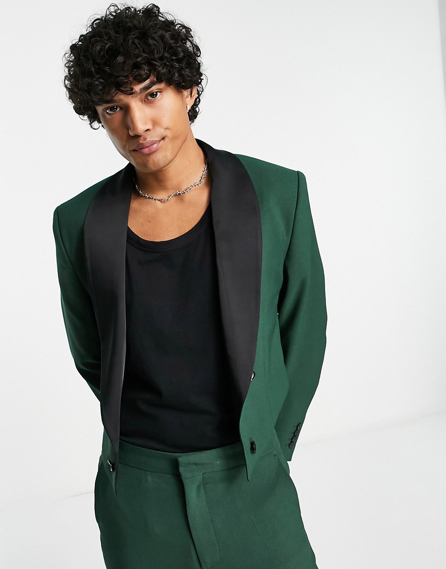 ASOS DESIGN cropped suit jacket with contrast satin lapel in green