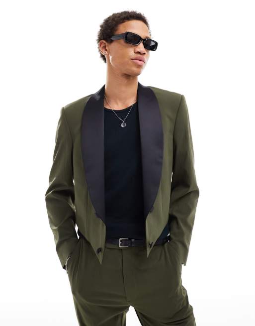 ASOS DESIGN cropped suit jacket with contrast satin lapel in green | ASOS