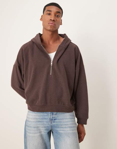 ASOS DESIGN – Cropped Super-Oversize-Kapuzenpullover in Braun mit angerauter Struktur - view 1