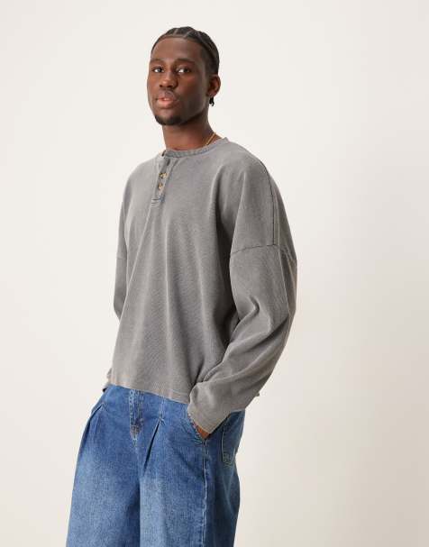 ASOS DESIGN cropped super overvised rib henley in washed black - view 1