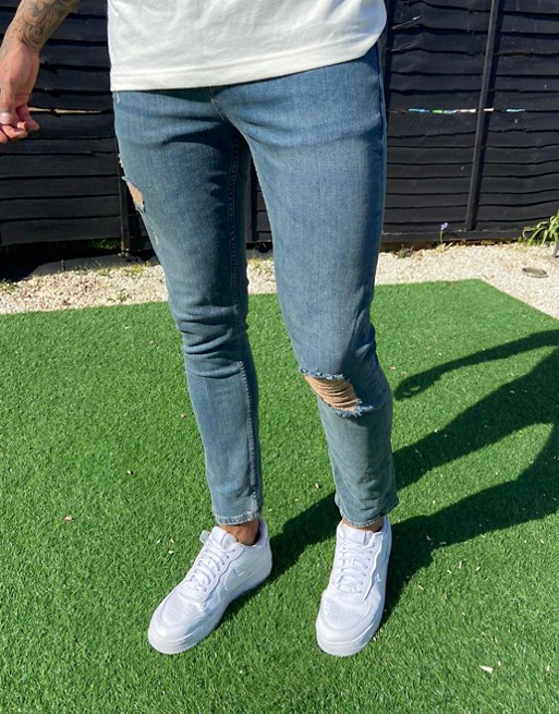 ASOS DESIGN cropped super skinny jeans in vintage dark wash blue with mid rips