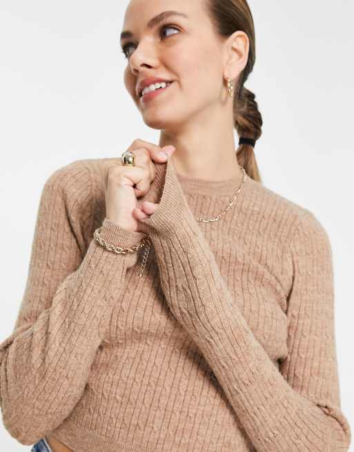 ASOS DESIGN cropped sweater in mini cable stitch in camel, 3 of 4