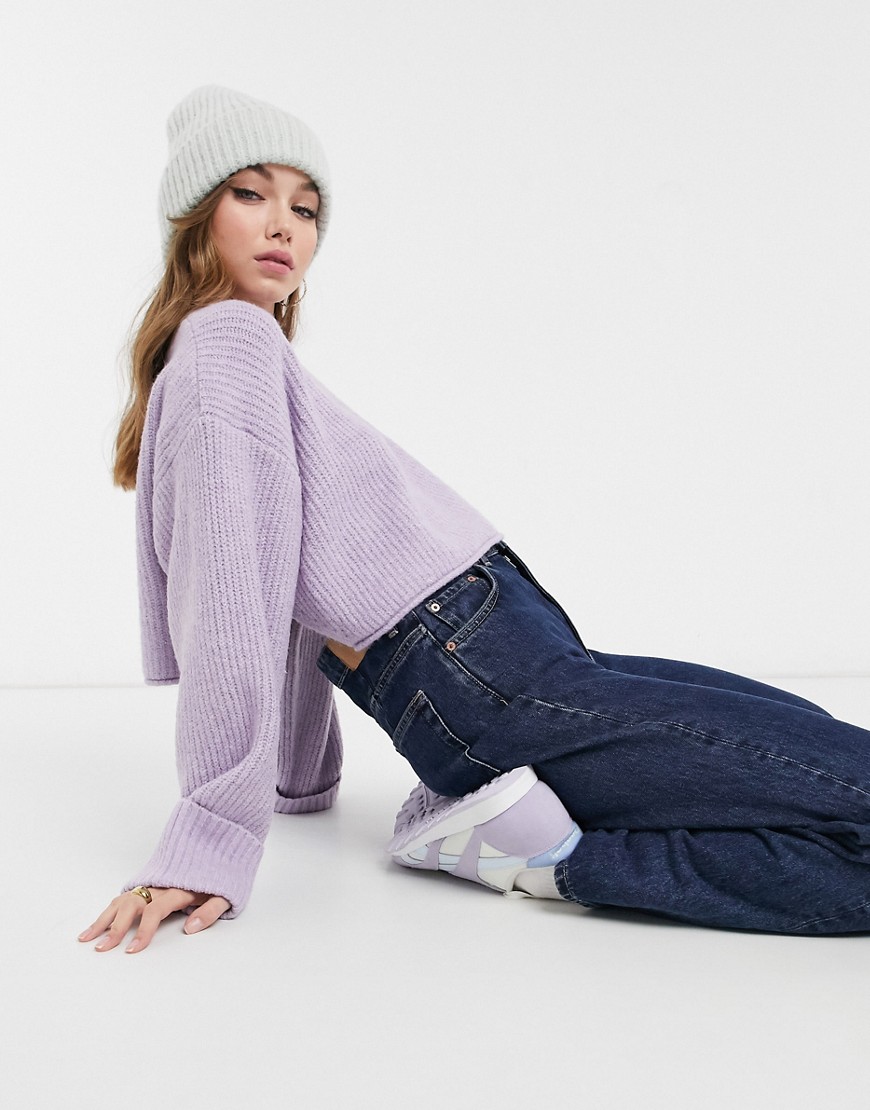 ASOS DESIGN cropped sweater with turn-up cuffs in lilac-Purple