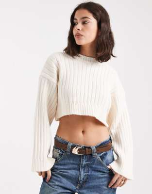 Asos Design Cropped Sweater With Wide Rib Knit-white