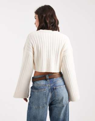 Asos Design Cropped Sweater With Wide Rib Knit-white In White