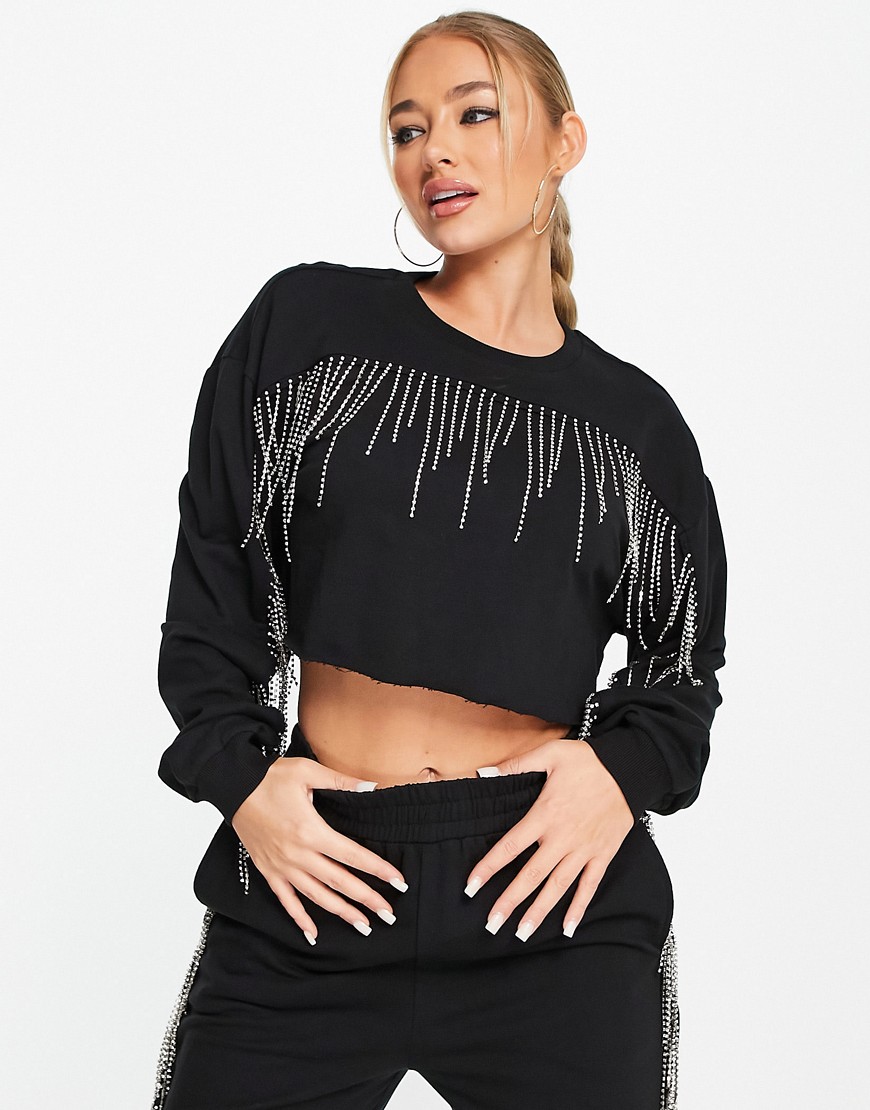 ASOS DESIGN cropped sweatshirt with diamante fringing in black - BLACK