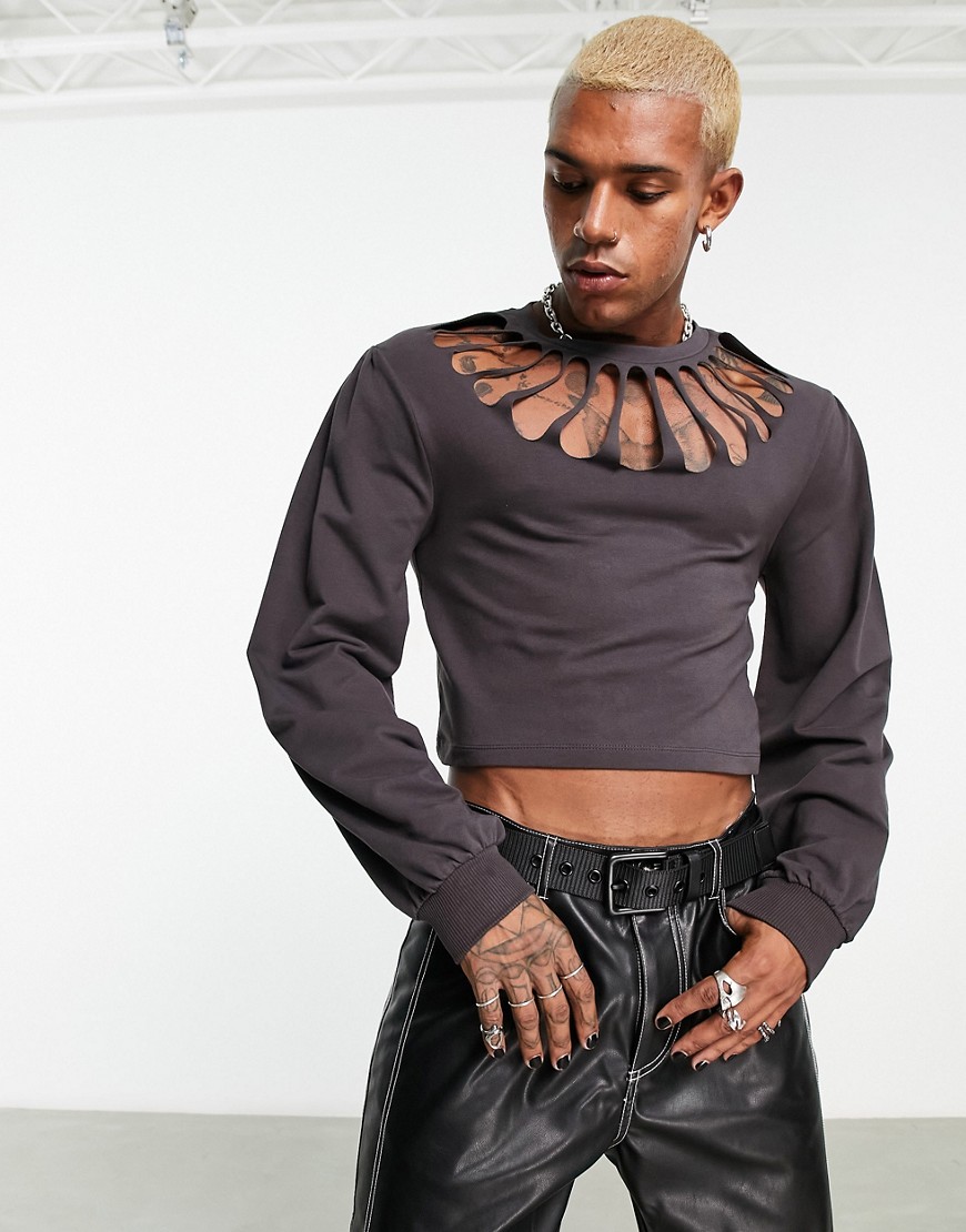 ASOS DESIGN cropped sweatshirt with laser cut out in washed gray-Purple