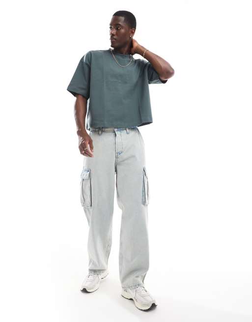 ASOS DESIGN – Cropped T-Shirt aus 240 g/m² schwerem Stoff in Grün mit Oversize-Passform