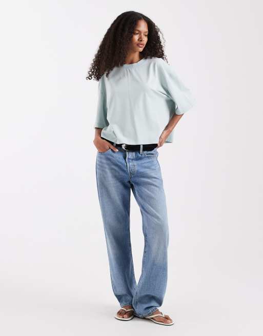 ASOS DESIGN - Cropped T-shirt i forvasket blå med firkantet pasform, 2 af 4