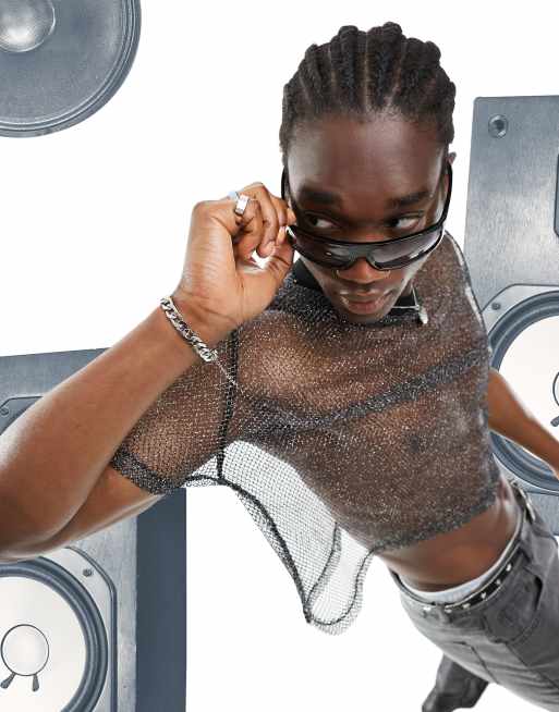ASOS DESIGN - Cropped T-shirt i sort mesh med metallisk finish i afslappet pasform
