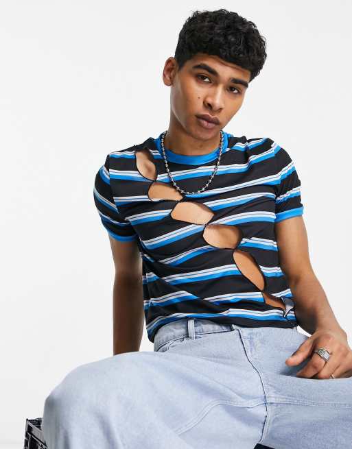 ASOS DESIGN cropped t-shirt in black and blue stripe with cut outs