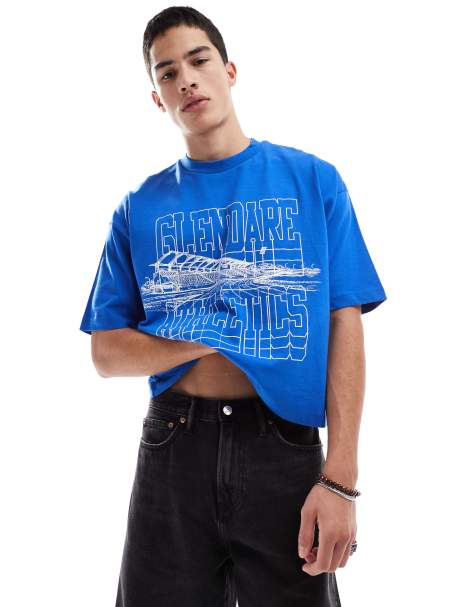 ASOS DESIGN – Cropped-T-Shirt in Blau mit Sport-Print und Oversize-Schnitt - view 1