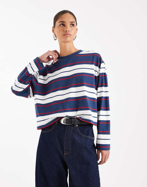 ASOS DESIGN - Cropped T-shirt med lange ærmer og marineblå striber i firkantet pasform - view 1