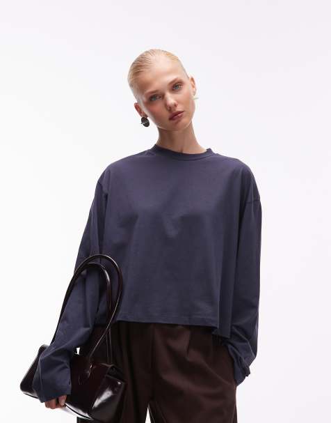 ASOS DESIGN - Cropped T-shirt met lange mouwen en rechte pasvorm in marineblauw - view 1