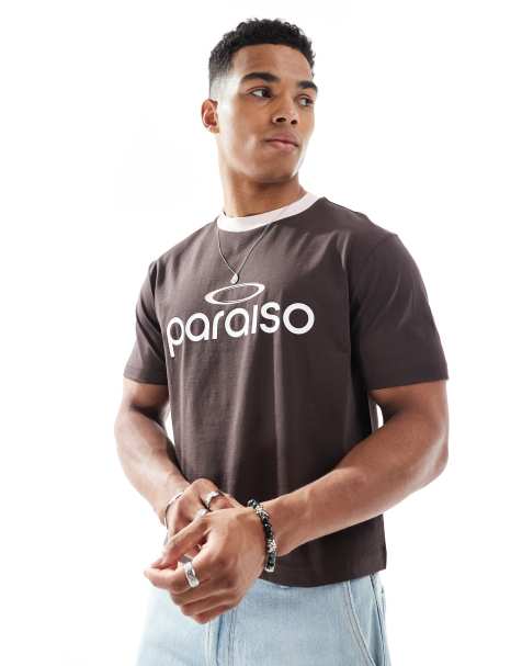 ASOS DESIGN cropped t-shirt with text graphic in brown - view 1