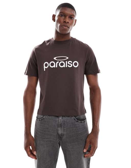 ASOS DESIGN cropped t-shirt with text graphic in brown
