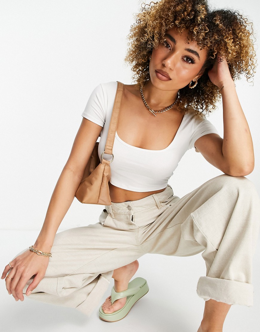 ASOS DESIGN cropped t-shirt with wide neck and cap sleeve in cream-White