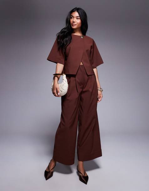 ASOS DESIGN cropped tab waist trousers co-ord in chocolate