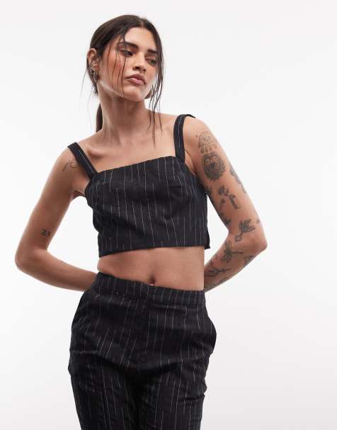 ASOS DESIGN cropped tank top in black textured stripe - view 1