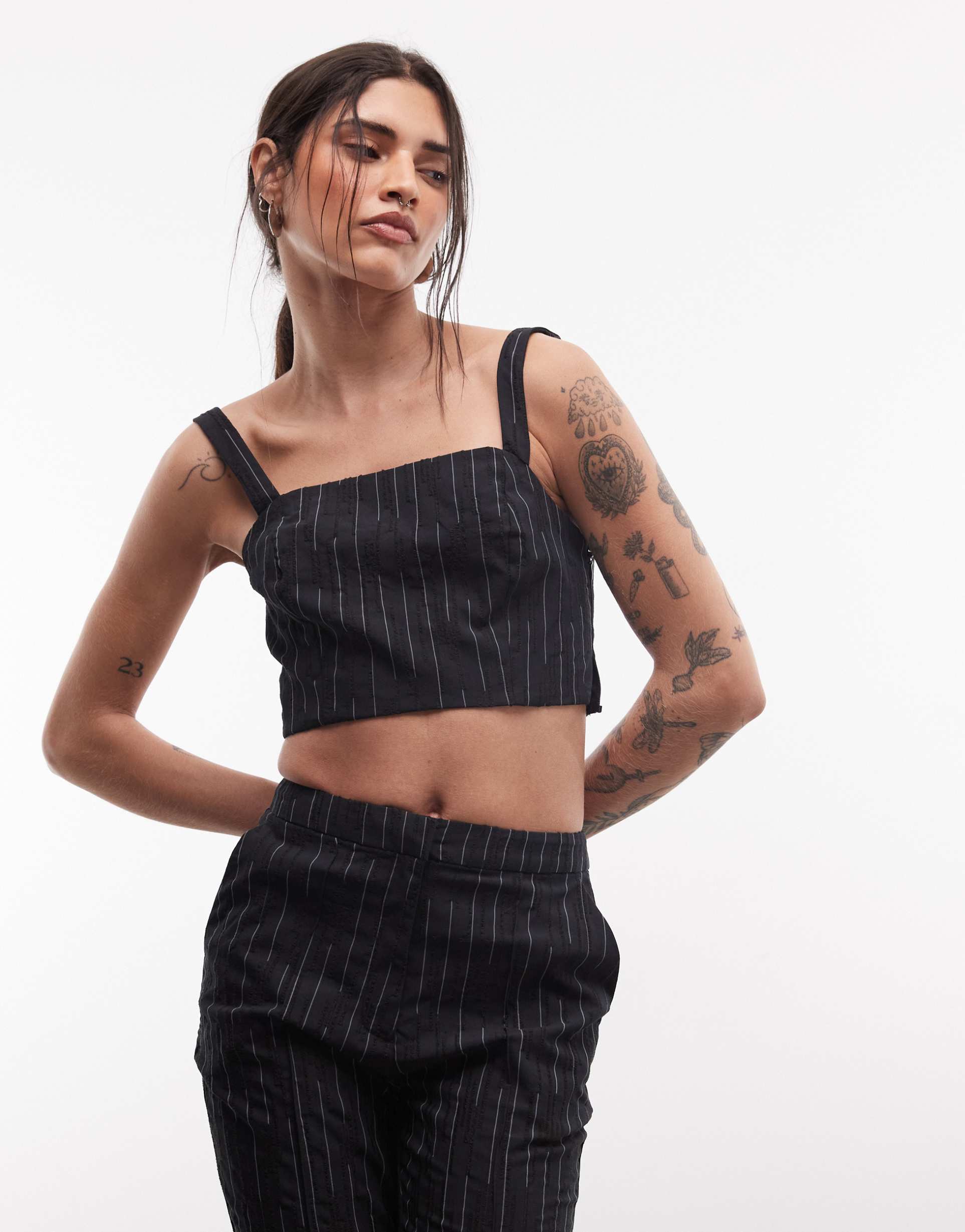 asos design cropped tank top in black textured stripe