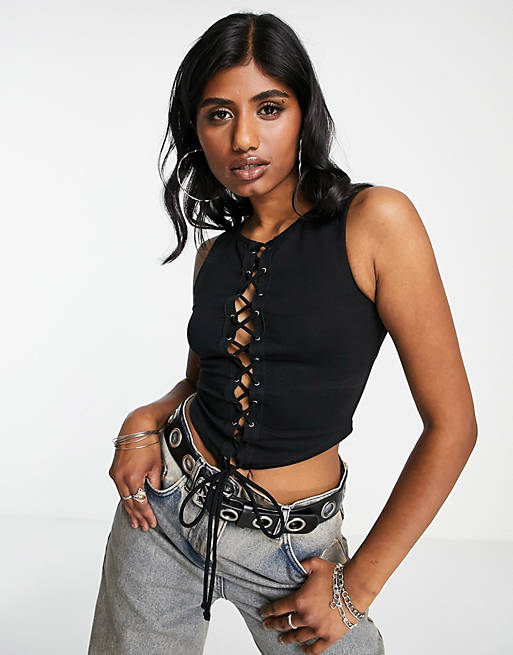 ASOS DESIGN cropped tank with lace up front in black