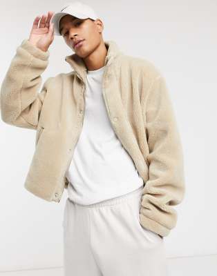 Asos Design Cropped Borg Jacket In Stone beige ModeSens