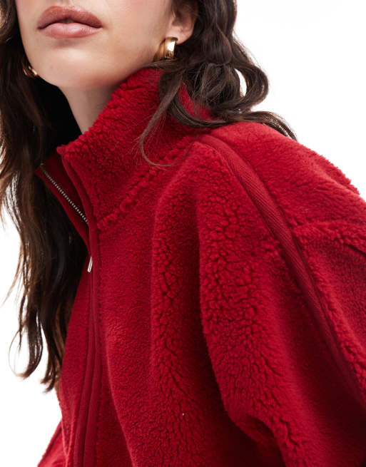 ASOS DESIGN cropped teddy jacket with funnel neck and sleeve trim detail in red