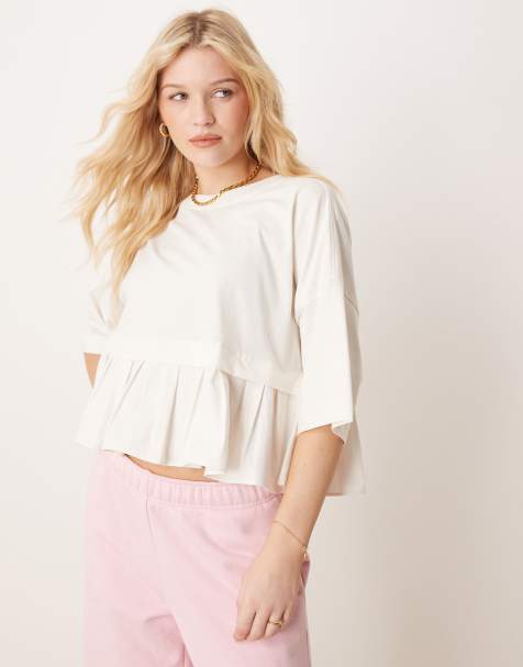 ASOS DESIGN cropped tee with poplin skirt hem in cream - view 1