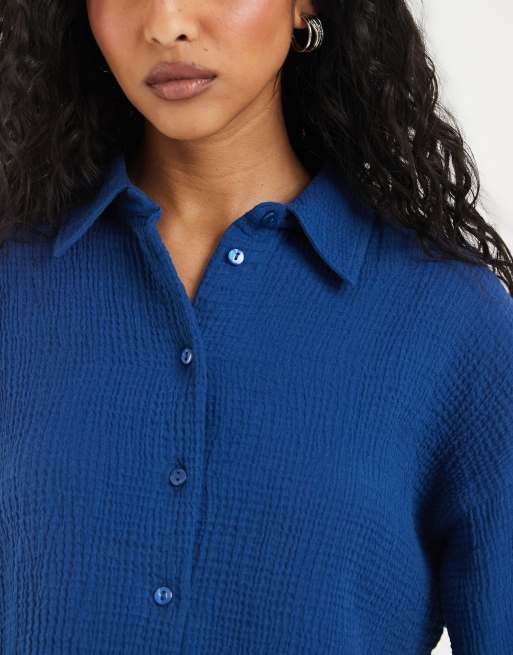 ASOS DESIGN cropped textured cotton blend shirt in navy, 2 of 4