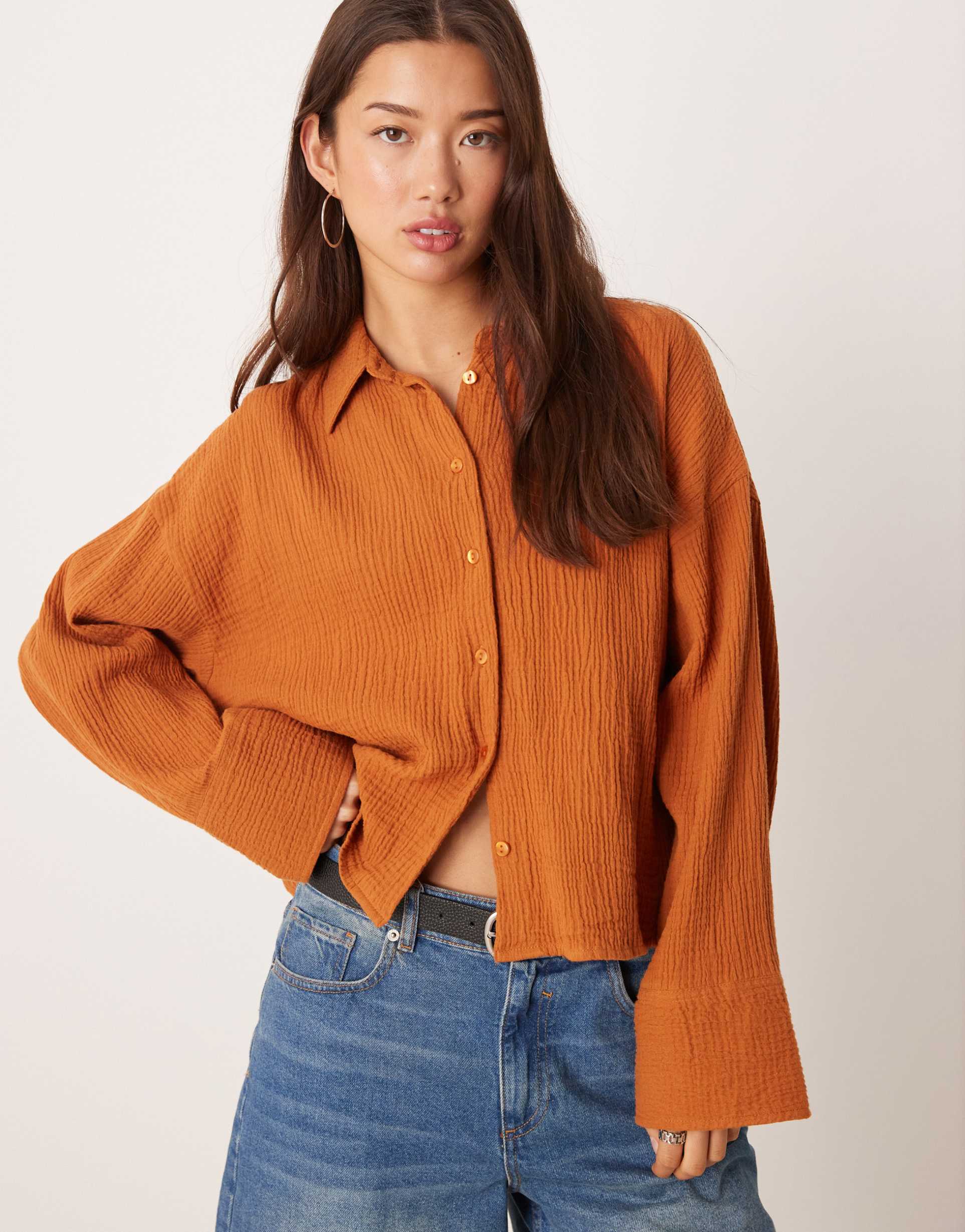 asos design cropped textured cotton blend shirt in rust