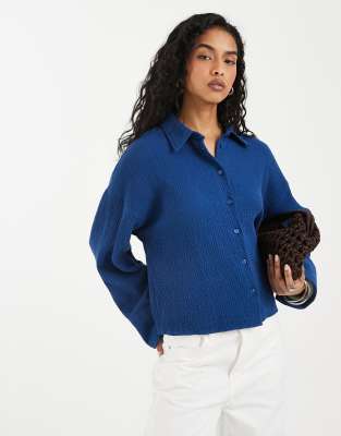 Asos Design Cropped Textured Cotton Rich Shirt In Navy
