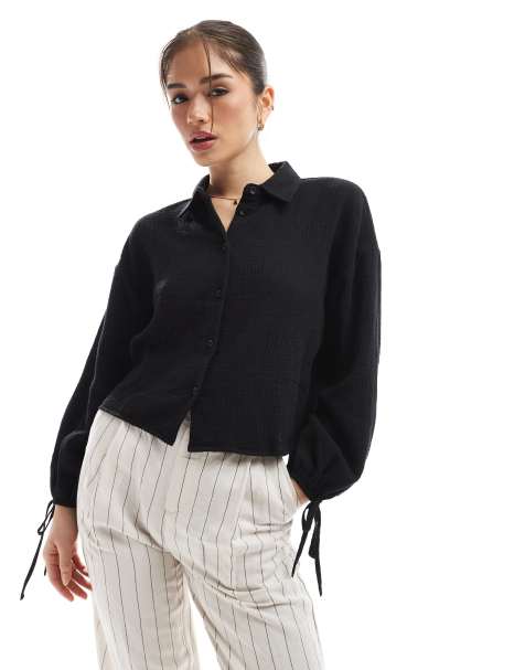 ASOS DESIGN cropped textured cotton shirt in black - view 1