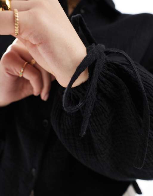 ASOS DESIGN cropped textured cotton shirt in black