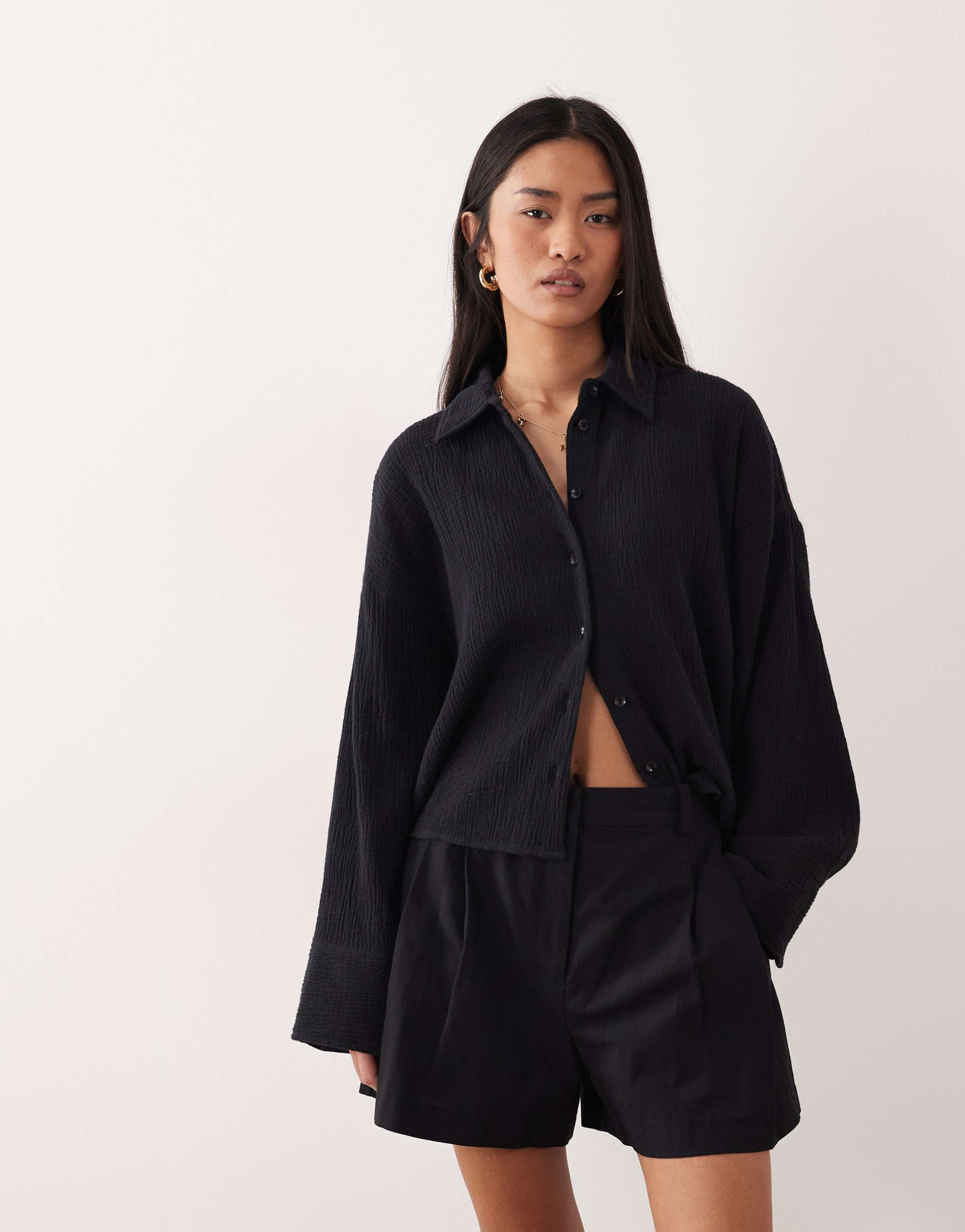 asos design cropped textured cotton shirt in black