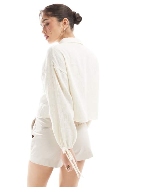ASOS DESIGN cropped textured cotton shirt in ivory