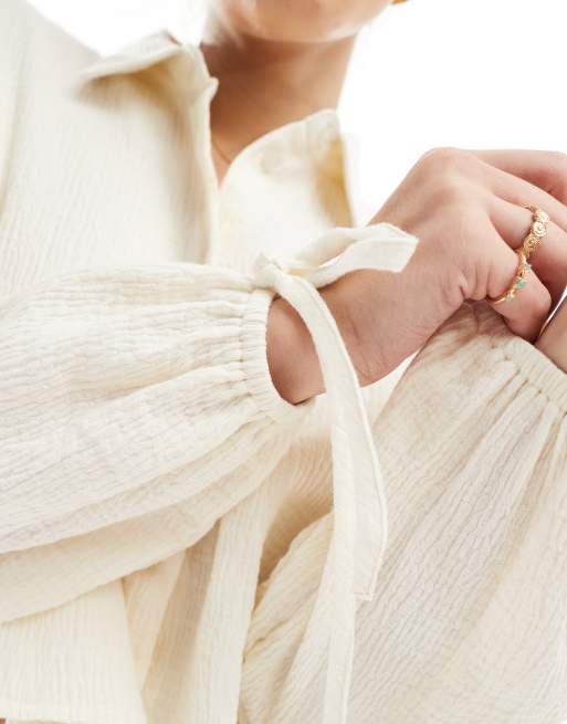 ASOS DESIGN cropped textured cotton shirt in ivory