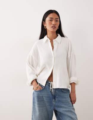 Asos Design Cropped Textured Cotton Shirt In White