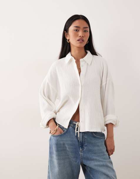 ASOS DESIGN cropped textured cotton shirt in ivory - view 1