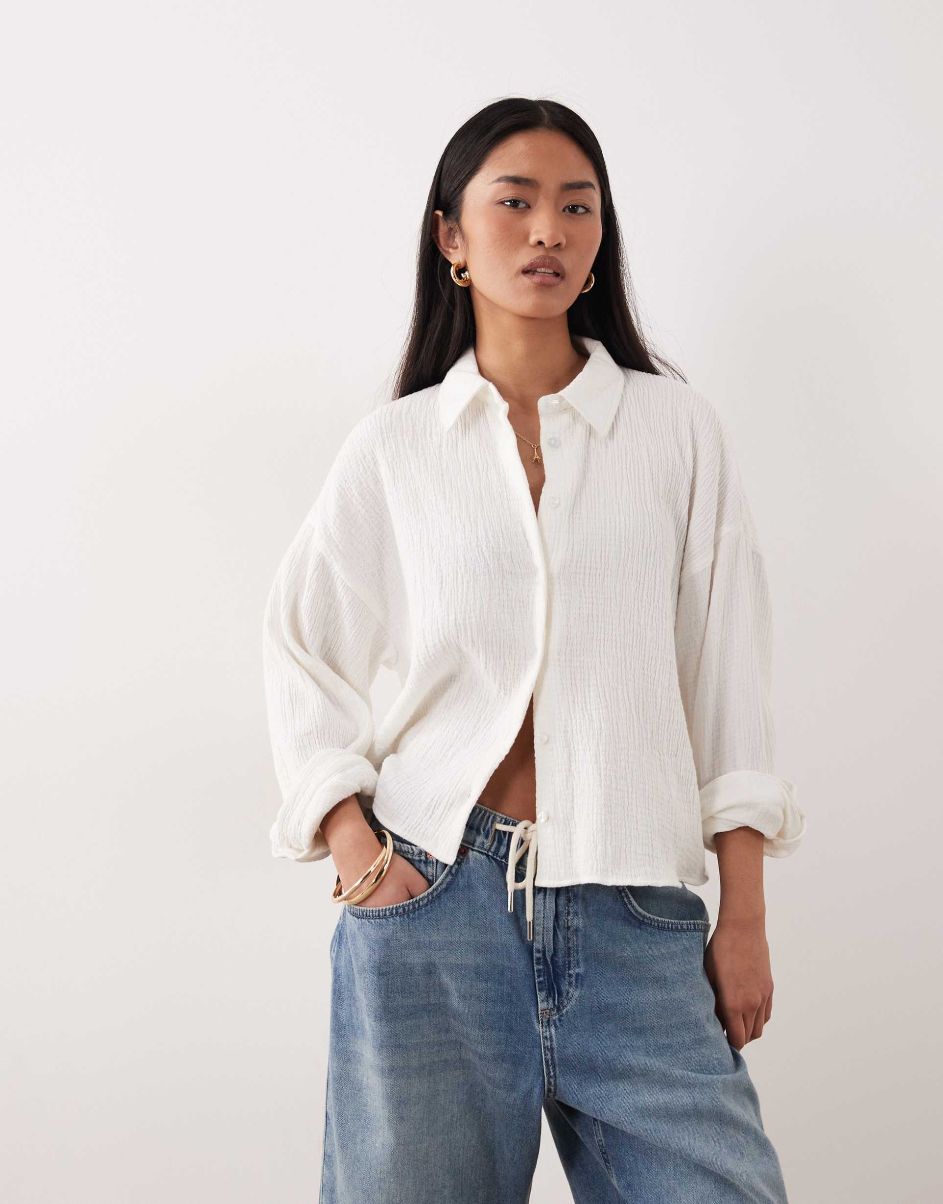 asos design cropped textured cotton shirt in ivory