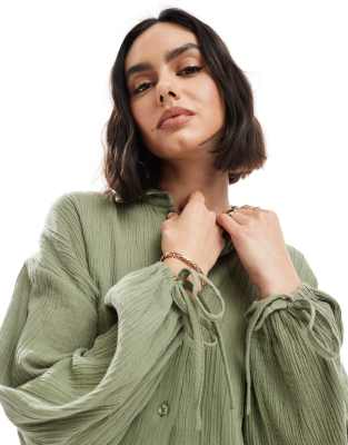 Asos Design Cropped Textured Cotton Shirt In Green
