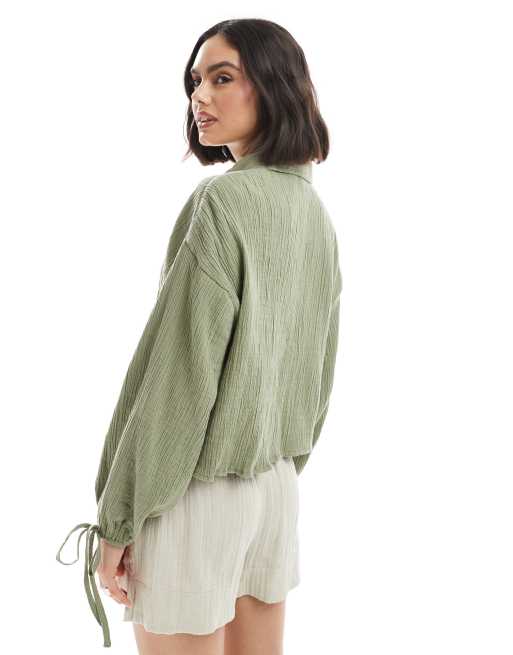ASOS DESIGN cropped textured cotton shirt in khaki, 3 of 4