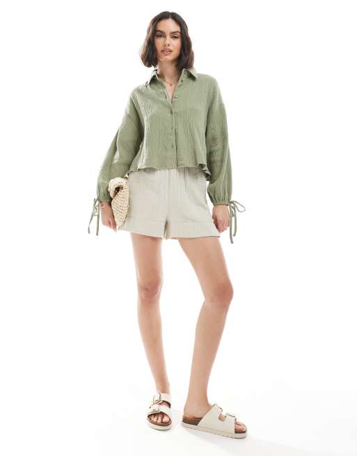 ASOS DESIGN cropped textured cotton shirt in khaki