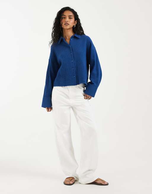 ASOS DESIGN cropped textured cotton shirt in navy, 3 of 4