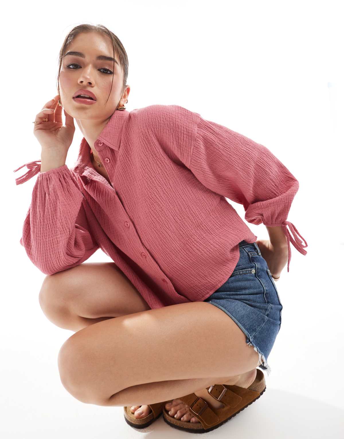 ASOS DESIGN cropped textured cotton shirt in pink