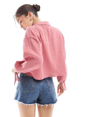 Asos Design Cropped Textured Cotton Shirt In Pink